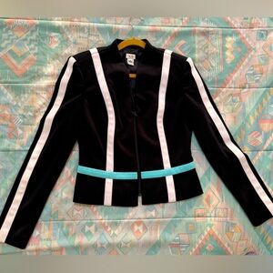 Cache Long Sleeved Tuxedo Striped Zippered Blazer White & Turquoise Detail